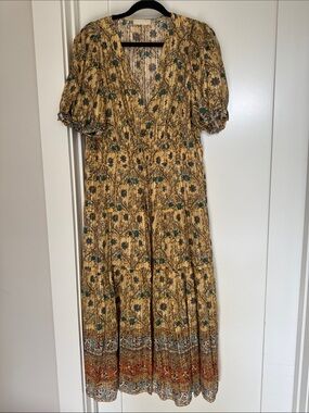 Ulla JohnsonFloral V-Neck Puff Sleeve Midi Dress in yellows, oranges, blues